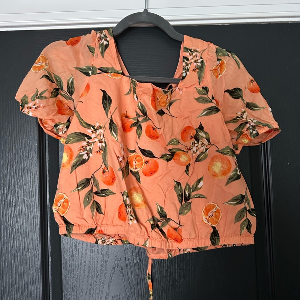 Loft orange print criss cross back cropped cotton top